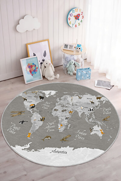 Realhomes Dünya Haritası Motifli Yuvarlak Çocuk Odası Yıkanabilir Kaymaz Taba...