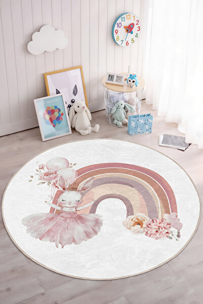 Realhomes Nar çiçeği ve Gökkuşağı Desenli Yuvarlak Çocuk Odası Yıkanabilir Ka...