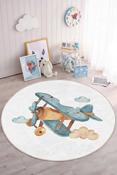 Realhomes Mavi Uçak Desenli Yuvarlak Çocuk Odası Yıkanabilir Kaymaz Taban Halı