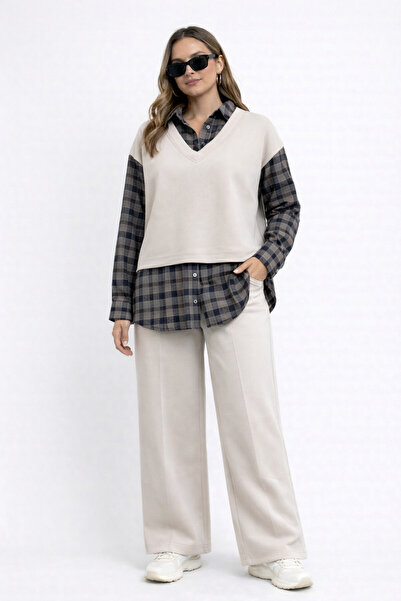 MODA S&S BZLİNE Ecru Scuba Fabric Short V-Neck Top & Plaid Shirt Pants Set