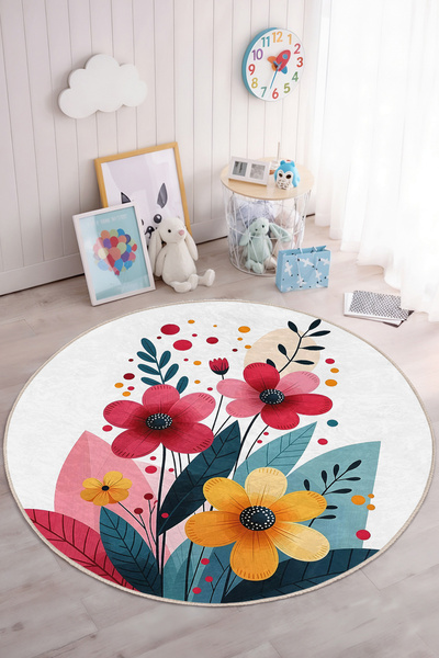 Realhomes Canlı Renklerde Çiçek Desenli Yuvarlak Çocuk Odası Yıkanabilir Kaym...