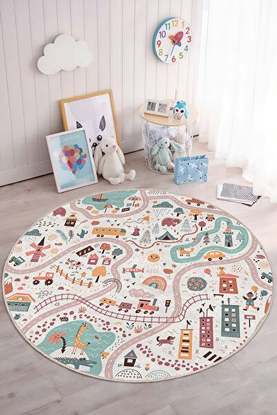 Realhomes Canlı Renklerde Yol ve Hayvan Temalı Yıkanabilir Yuvarlak Çocuk Oda...