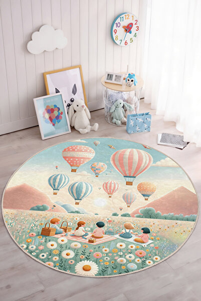 Realhomes Sıcak Renklerde Balonlar Desenli Yıkanabilir Yuvarlak Çocuk Odası H...