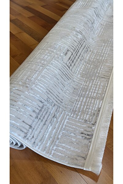 İKİZLER HALI Krem Açık Gri Saten Bambu İnce Sık Dokuma Parlak Yüzey Kaymaz Özel Kesme Salon Koridor Halı Yolluk