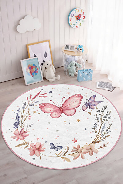Realhomes Pembe Kelebek Desenli Yıkanabilir Yuvarlak Çocuk Odası Halısı