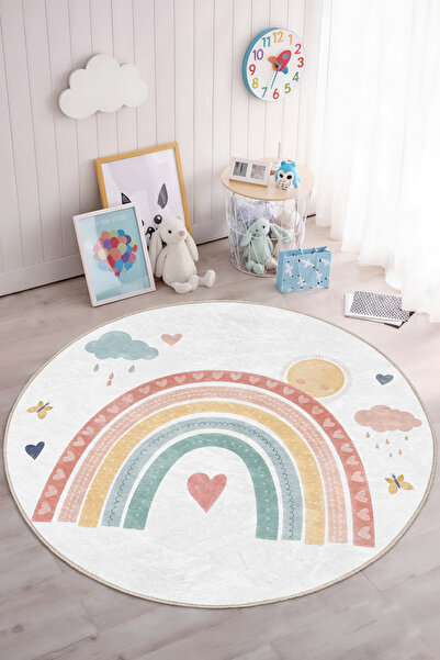 Realhomes Canlı Renklerdeki Gökkuşağı Desenli Yuvarlak Çocuk Odası Yıkanabili...