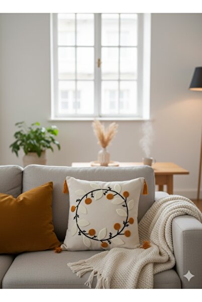 ON-ARS TEKSTİL غطاء وسادة زخرفي مطرز بوهيمي - مطرز بالشراشيب - 43×43 سم