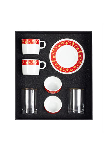 Motiff Gift Set of 8 Pieces Turkish Coffee Cups and Turkish Delight Bowl with Moon and Sun Pattern