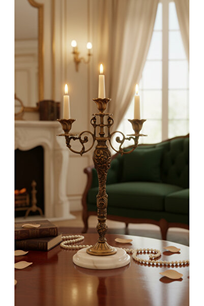 Montdekor EL YAPIMI MERMER TAŞLI BRONZ DEENLİ ŞAMDAN (42 cm yükseklik)