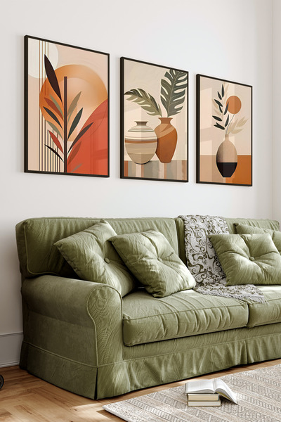 kutuTR Siyah Çerçeveli 2D UV Baskı 3’lü MDF Tablo Set – Modern Boho Vazo ve Y...