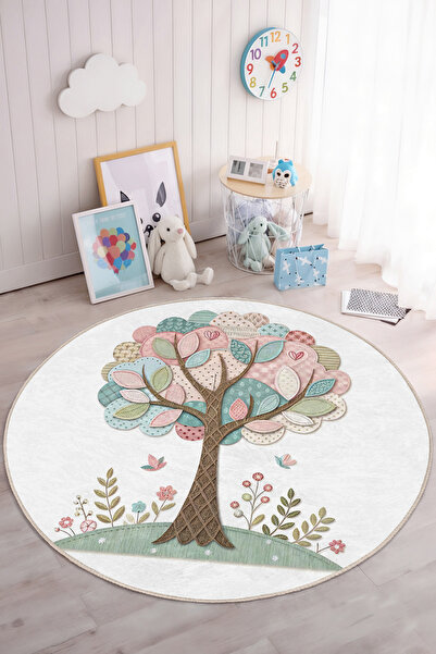 Realhomes Ağaç Desenli Yuvarlak Çocuk Odası Yıkanabilir Kaymaz Taban Halı