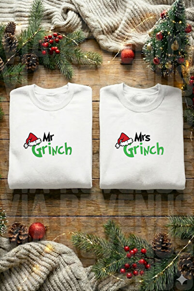 Vordevia Unisex Mr. Mrs. Grinch cu imprimeu Concept de Anul Nou pentru cuplu de îndrăgostiți Set de supradimensionat Swea tricou