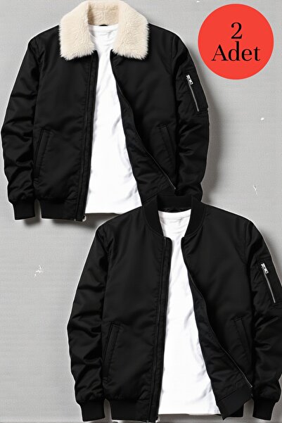 Gameyal Unisex Set of 2 Plush Collar Bomber Jacket & Bomber College Jacket Coat