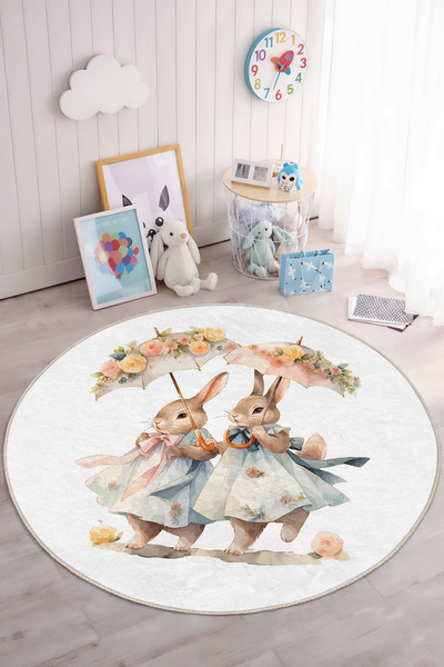 Realhomes Çiçekli Dökme Şemsiyeli Tavşan Desenli Yuvarlak Çocuk Odası Yıkanab...
