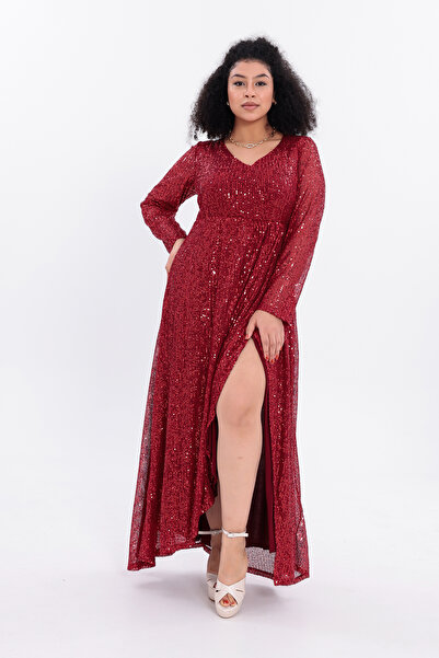 IŞILTI Modern Design Sequined Fabric Full Length Long Sleeve V-Neck Slit Plus Size Evening Dress 3141