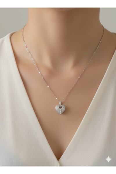 AKFECAN Steel Zircon Stone Heart Silver Color Necklace