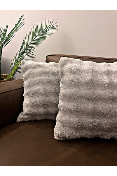 PEREN HOME Husă de pernă din pluș cu păr de iepure 45x45cm, cu două fețe, gri