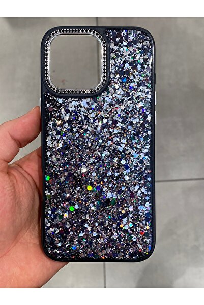 Mee.co İphone 14 Pro Max Uyumlu Simli Epoksi Kılıf Kamerası Taş Detaylı Parıl...