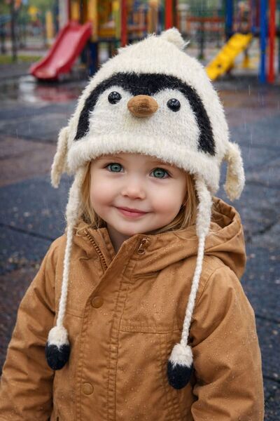 BALIENTE Beige Penguin Animal Figured Baby Kids Beanie 3-6 Years Old
