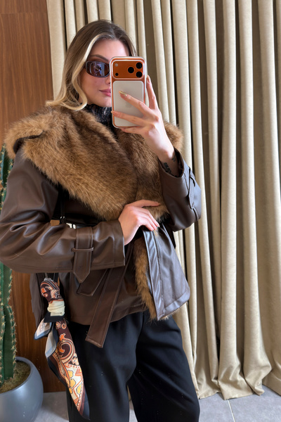 ASEDE Premium Fur Collar Tied Leather Jacket Coat