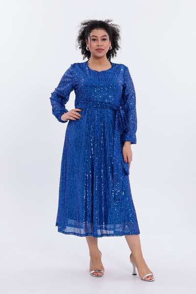 IŞILTI Stylish & Elegant Sequined Inner Lining Belted Crew Neck Long Sleeve Midi Length Plus Size Evening Dress 3142