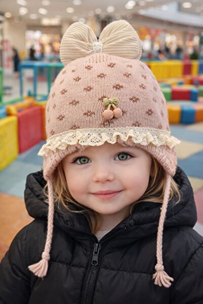 BALIENTE Pink Knitwear Ribbon Detailed Baby Kids Beanie 2-5 Years Old