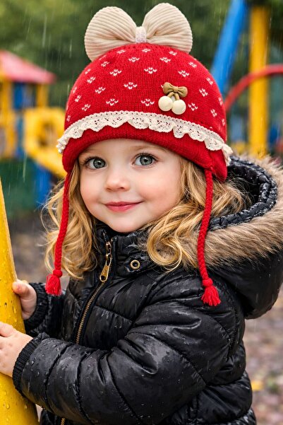 BALIENTE Red Knitwear Ribbon Detailed Baby Kids Beanie 2-5 Years