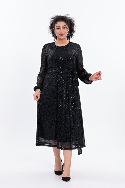 IŞILTI Stylish & Elegant Sequined Inner Lining Belted Crew Neck Long Sleeve Midi Length Plus Size Evening Dress 3142