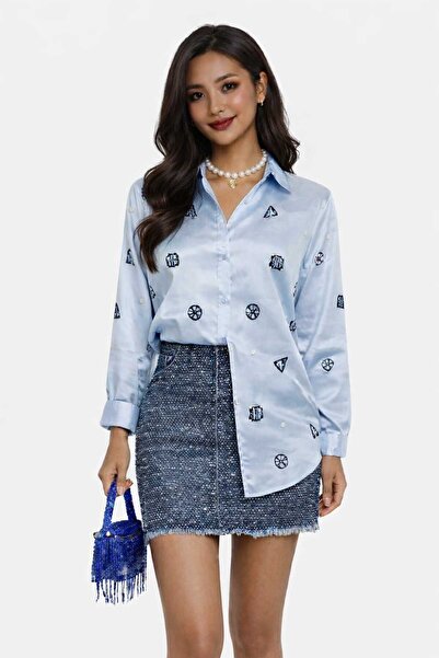 Mother hand Boncuk işlemeli parlak ince kumaş mavi gömlek