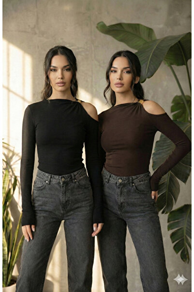 navesta بلوزة نسائية مكونة من قطعتين، بلوزة نسائية بياقة غير متماثلة ومشبك، ب...