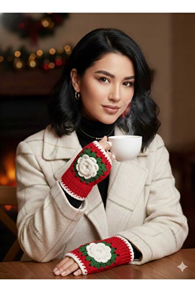 NEXT LİFE STORE Mănuși fără degete tricotate manual cu detalii de trandafiri