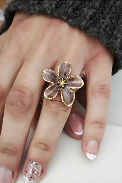 KYOLA DESİGN خاتم ذهبي على شكل زهرة بخمس بتلات باللون البني (حجم قابل للتعديل)