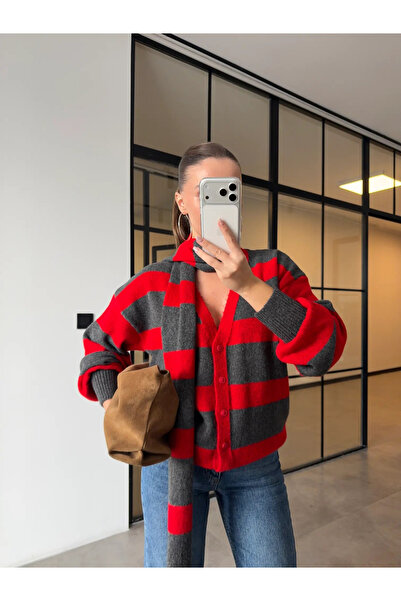 My Blog Anthracite-Red Scarf Knitwear Cardigan - 251111