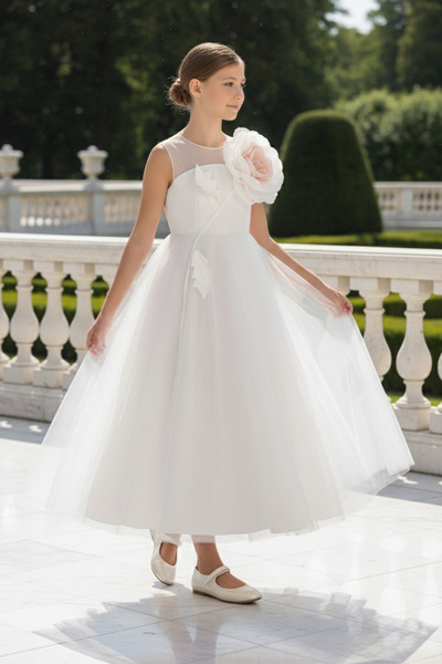 Pamina Kız Çocuk Çiçekli Tül Elbise 8-14 Yaş Ekru