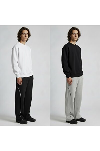 TKT Men's 2-Piece Black Gray Piped Baggy Sweatpants with 2 Drawstrings Comfortable Fit Wide Leg