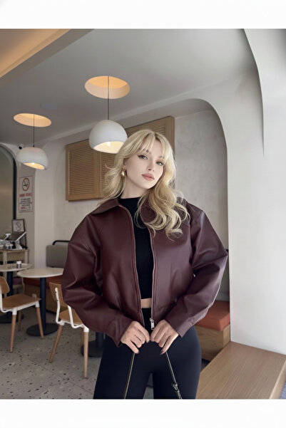 Orions Collection سترة جلدية بومبر باللون الأحمر الداكن