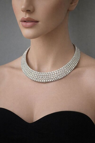 MİHRES Kadın 5 Sıra Model Zirkon Taşlı Gümüş Gerdanlık Kolye Abiye Nişan Düğü...