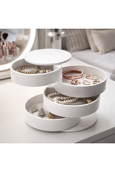 bi düzen 4 Katlı Döner Mekanizmalı Takı Organizeri - Yüzük Küpe Kolye Kutusu