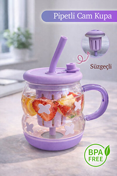 naturelove Süzgeçli Borosilikat Cam Kupa Bardak - Tasarım Pipetli Kapaklı Detoks Matarası