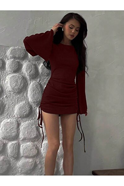 meren like your style bordo ispanyol kol yan bağcıklı mini elbise