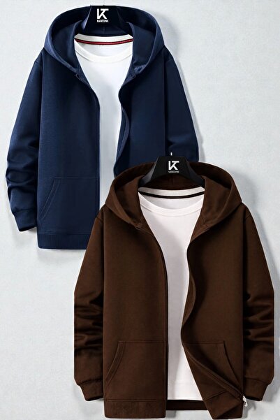 Karatopak 2'li Kapüşonlu Unisex Fermuarlı Sweatshirt / Hırka