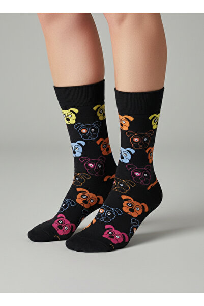 CARNAVAL SOCKS Siyah Köpek Desenli 3’lü Çorap Seti – Renkli Figürlü