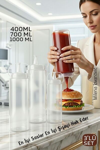 Transformacion مجموعة من 3 زجاجات صلصة، زجاجة كاتشب ومايونيز وخل وزيت زيتون 400 مل، 700 مل، 1000 مل، طقم 722598