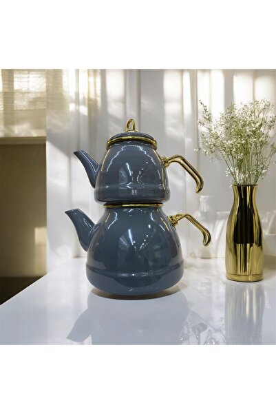 ALEV EMAYE Altın Kulplu Emaye Çaydanlık Takımı | Çift Katlı | Şık & Dayanıklı