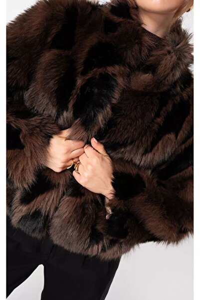 BIGNUANCE Premium Kadın Suni Kürk - Siyah Kahve Dokulu Suni Kürk