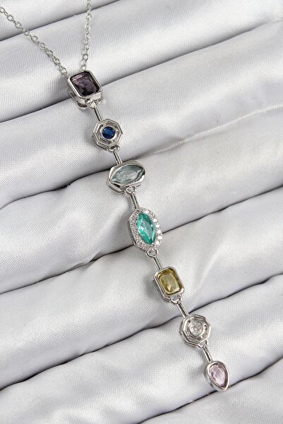 BUTİK AYVİTRİN Brass Colored Zircon Stone Model Silver Color 7 Element Women's Y Necklace