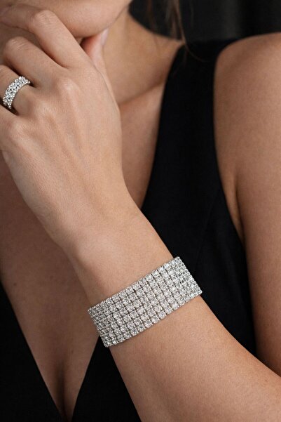 MİHRES Gümüş Renk Zirkon Parıltılı Taşlı Bileklik Yüzük Takı Seti