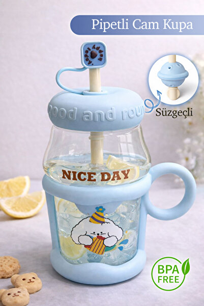 naturelove Pipetli Cam Kupa Bardak - Süzgeçli Borosilikat Detoks Matarası - Tasarım Kapaklı Suluk