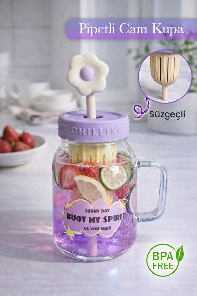 naturelove Pipetli Cam Kupa – Süzgeçli Borosilikat Detoks Bardağı Çiçekli Tas...