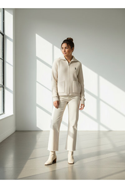 VETTA Polo Neck Knitted Zippered Cardigan